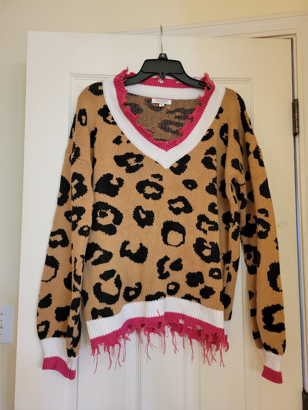 Andree Leopard Print V-Neck Sweater in Tan, Black & Pink